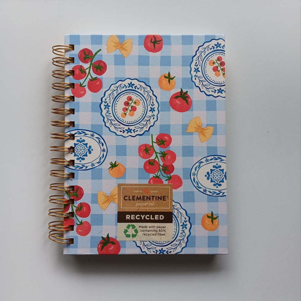 New Clementine Spiral-Bound Notebook Lined Plaid Tomatoes Pasta Food Blue White